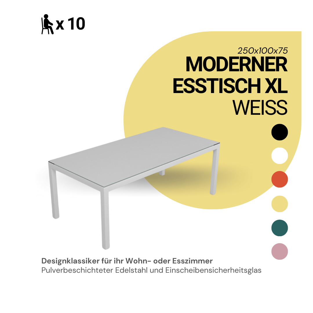 Exklusiver Esstisch XL weiß – 250x100 - Wohnzimmertisch 10 Personen (witterungsbeständig) (Kopie) (Kopie)