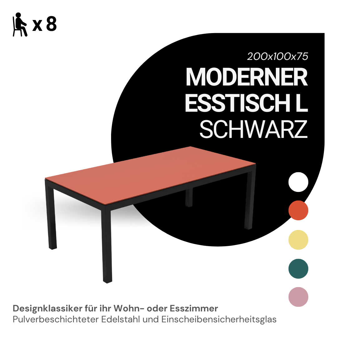 Exklusiver Esstisch L - schwarz – 200x100 - Wohnzimmertisch 8 Personen