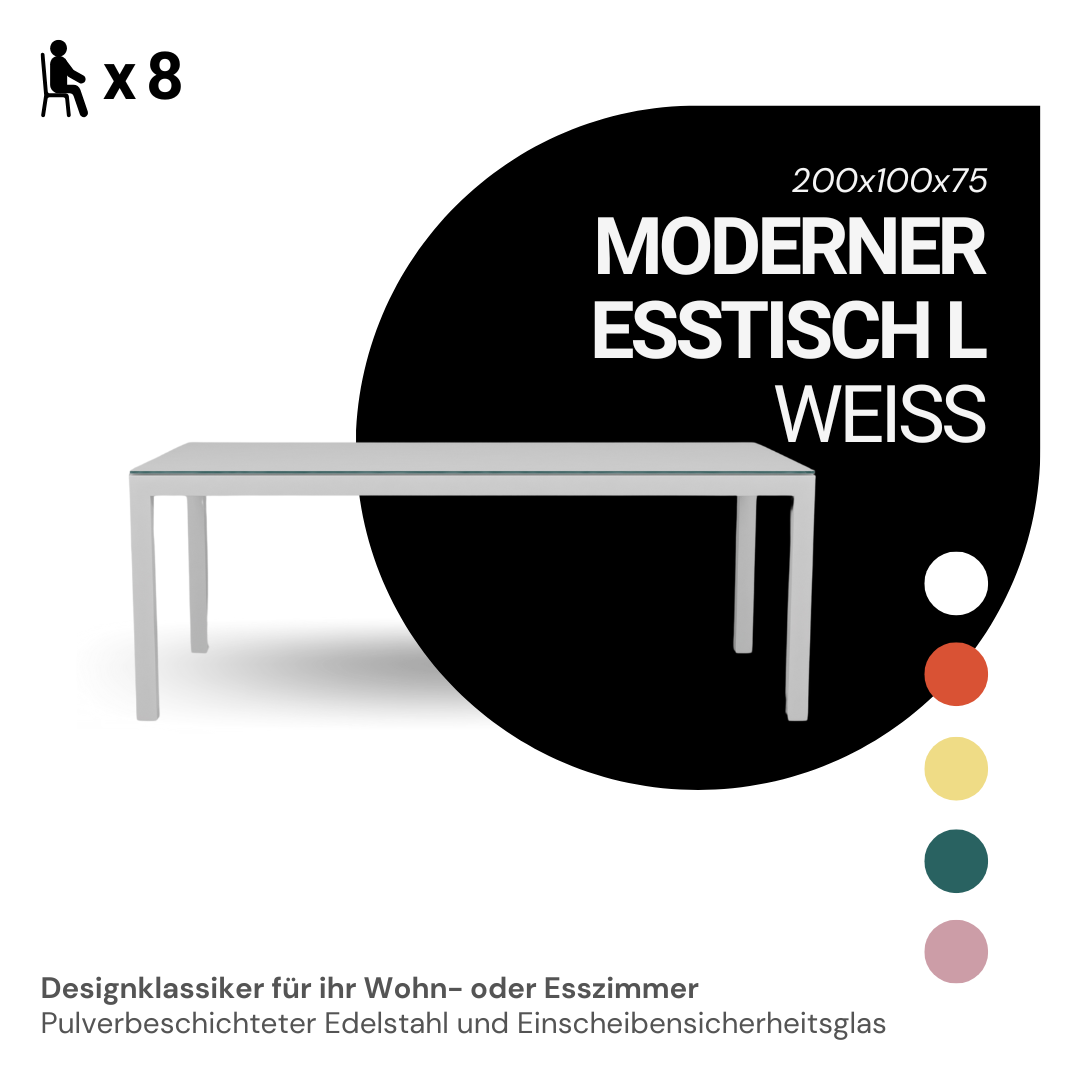 Exklusiver Esstisch L - weiß – 200x100 weiß - Wohnzimmertisch 8 Personen